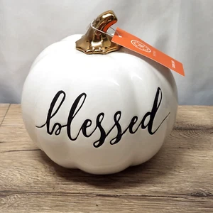 Martha Stewart Pumpkin “Blessed” White Ceramic Gold Stem Thanksgiving NEW 8.5" - Picture 1 of 9