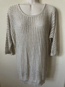 Express Gold Silver Shimmer Scoop Neck 3/4 Sleeve Open Stitch Tunic Top Size M - Picture 1 of 8