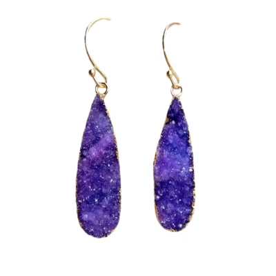 Natural Purple Druzy Teardrop Dangle Earrings Bohemian Drusy Jewelry - Image 1 of 4