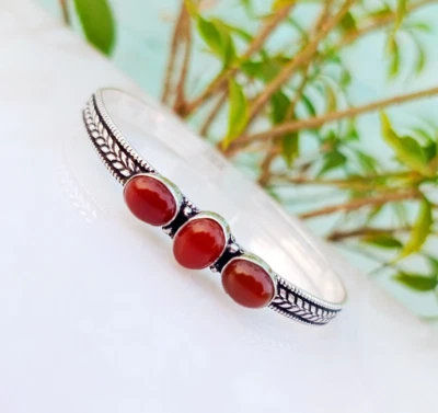 Carnelian Gemstone Bangle 925 Sterling Silver Adjustable Handmade Cuff Bracelet - Image 1 of 4