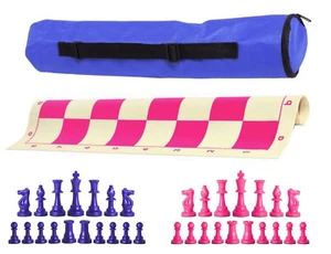 Juego de ajedrez de peso único Archer - tablero de vinilo con piezas y bolso - azul real rosa - Imagen 1 de 5