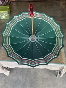 Vintage Antique Bakelite Lucite Handle Striped Umbrella Parasol Wood Shaft Green - Picture 1 of 19