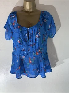 Womens Hollister Small Blue Flower Short Sleeve Crop Casual Summer Sheer Blouse - Picture 1 of 6