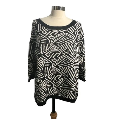 Suéter geométrico blanco y negro manga 3/4 de lino/algodón Orvis para mujer talla Grande Foto 1 de 4