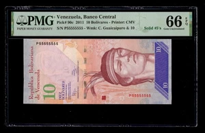 Venezuela 2011 - 10 Bolivares P#90c **Solid S/N 55555555** PMG Gem UNC 66 EPQ - Picture 1 of 2