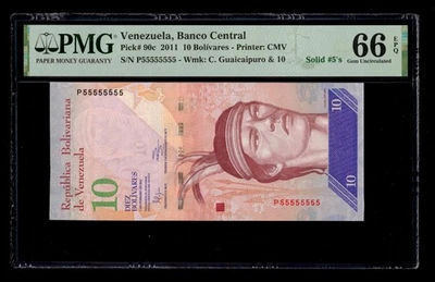 Venezuela 2011 - 10 Bolivares P#90c **Solid S/N 55555555** PMG Gem UNC 66 EPQ - Image 1 of 2
