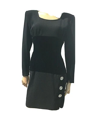 Vestido Anna Di Rossi Vintage Años 80 Corto Negro Manga Larga Borde Terciopelo S/M Foto 1 de 4