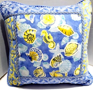 WAVERLY Decorative Throw Pillow Beach Seashell Seahorse Blue Yellow 18"x18" - Picture 1 of 7