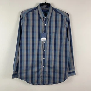 COLE HAAN Shirt Mens Large Blue Gray Plaid Grand Os Performance Button Up - Picture 1 of 11