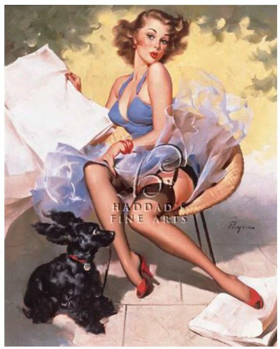 Skirting The Issue by Gil Elvgren Pin UP Canvas Giclee Sexy Girl Puppy Dog  - Imagem 1 de 1