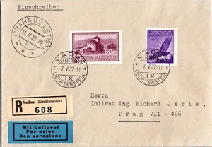 1937 Lichtenstein Vaduz air mal Registered cover to Czech Republic Prague - Picture 1 of 2