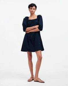 Madewell Square-Neck Puff-Sleeve Mini Dress Size 2 Navy - Picture 1 of 7