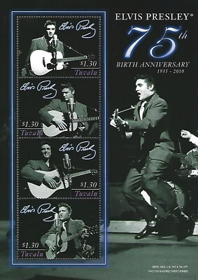 Hoja de recuerdo de estampillas de Tuvalu de Elvis Presley de $1,30 4 estampillas 2010 75 aniversario Foto 1 de 4