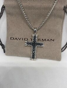 David Yurman Sterling Silver Chevron Cross Necklace w/ Black Diamonds 20” 