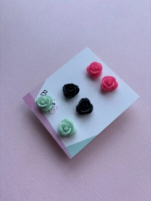 Resin Rose Flower Stud Earrings, Set Of 3 Pairs, Pink Black Aqua, Surgical Steel - image 1 of 3