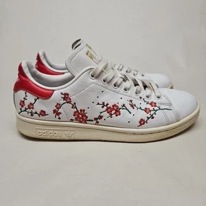 Adidas Stan Smith Sneakers Women 8.5 White Cherry Blossoms Lace Up READ - Picture 1 of 11