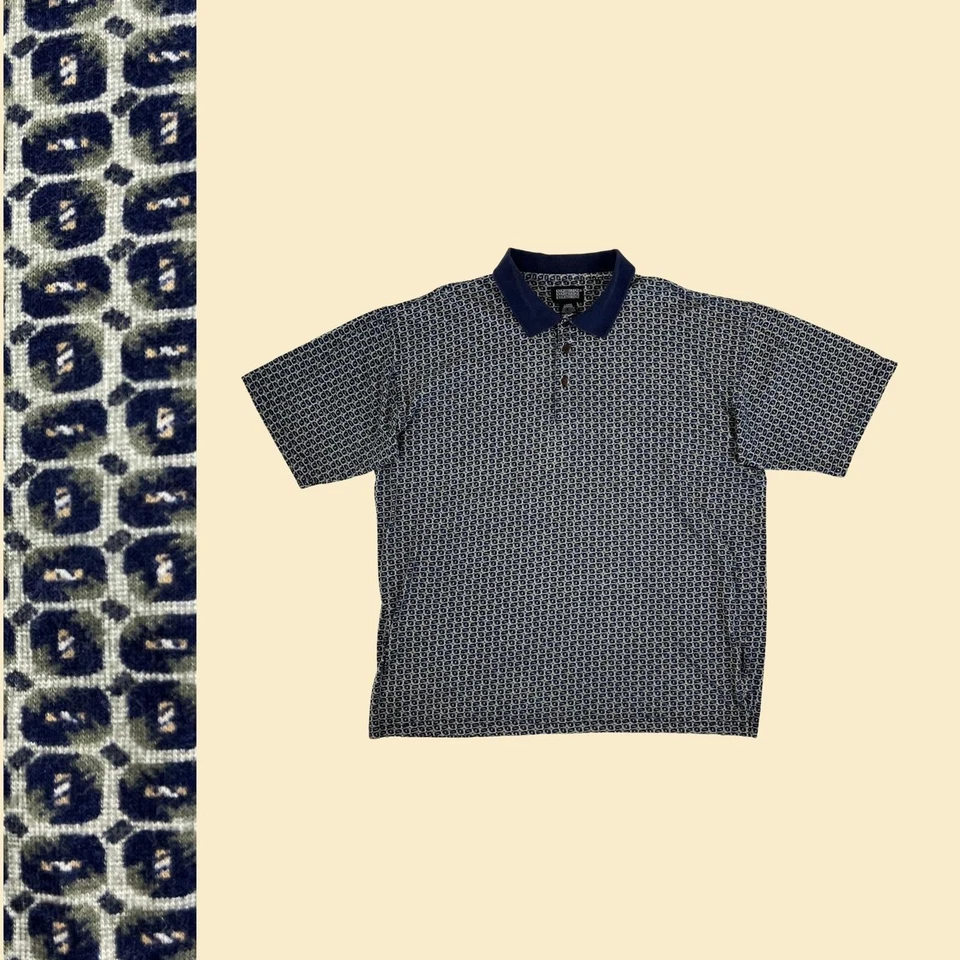Camisa Polo Geométrica Hombre Vintage Años 90 de Knightsbridge, Talla L Top Azul y Verde Foto 1 de 4
