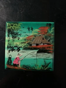 Vintage Small Lacquered Wood Hand painted Jewelry Box Asian Design Lined - Picture 1 of 7
