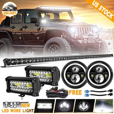 Faros LED de 7" para Jeep Cherokee XJ Wrangler YJ + barra de luz de 50" con cable + cápsulas de 7" Foto 1 de 4