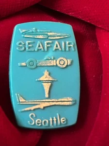 Seafair Seattle Teal Blue Space Needle Boeing Vtg Plastic Pin 1.5" - Picture 1 of 2