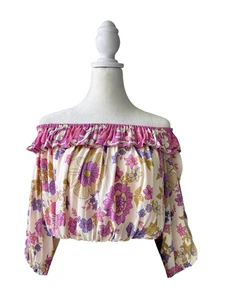 Spell & The Gypsy Rosa Blumen Schulterfrei Bauern Top Gr. XS Boho Rüschenärmel - Bild 1 von 11