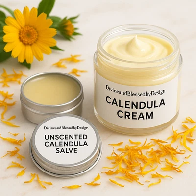 Organic Calendula Cream + Salve or Lotion Bar, Unscented Calendula Cream Bundle - Image 1 of 4