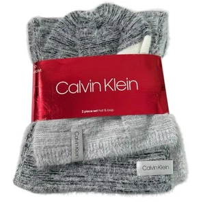 NWT New Calvin Klein 2pc Hat & Loop Fuzzy Knit Neck Beanie & Scarf Gray - Picture 1 of 5