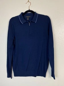 Lachlan Mens Navy Blue 100% Merino Wool Polo Sweater Sz Small Quarter Zip Preppy - Picture 1 of 13