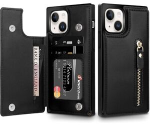iPhone 14 Case Wallet Cover RFID Card Holder Zipper Cash Pocket Black Brand New