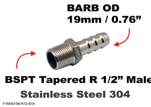 BSPT Tapered R 1/2" Male to BARB OD 19mm / 0.76" Stainless Tail Adaptor Hose - Picture 1 of 6