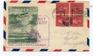 FIRST FLIGHT LINDBERG PILOT SAN JUAN-PARAMARIBO Sc 601 line pair & 634 BLOCK - Picture 1 of 5