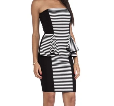 Torn By Ronny Kobo NEW Black&White Striped Peplum Strapless Bodycon Dress Sz XS - Imagem 1 de 4