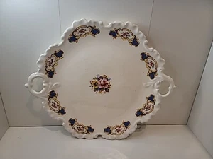 Large Fancy Round Serving Plate Pink Blue Flowers White Platter  - Picture 1 of 15