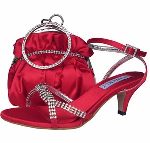 Ladies Wedding Party Heel Shoe Evening Sandal Diamante Red Satin NEW - Picture 1 of 1