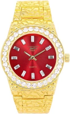 HOMBRE Reloj Helado Bling Rapero Simular Laboratorio Diamante Oro ROJO Banda de Metal Club de Lujo Foto 1 de 4