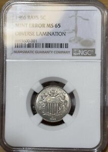 1866 Rays MS65 NGC Shield Nickel Mint Error Obverse Lamination Tough First Year