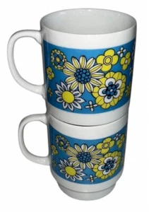 2 tazas/tazas de café apilables de cerámica MCM Flower Power retro floral hippie de colección - Imagen 1 de 10