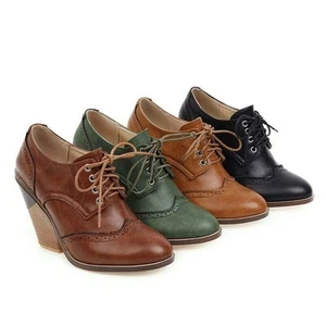 Scarpe decolte donna stringate Oxford a coda di rondine tacco alto blocco - Foto 1 di 16