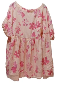 We The Free Floral Linen Tunic L Pink Oversized Boho Peasant Cottage Artsy - Picture 1 of 9