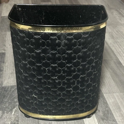 De colección Mid Century Detecto Acolchado Vinilo Negro Cesta de Basura Borde Dorado 13" Foto 1 de 4