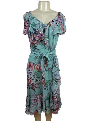 Eliza J Floral Ruffle Midi Dress With Belt & V-Neckline Size 4 - Image 1 of 4