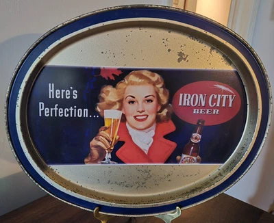 Овальный поднос IRON CITY BEER «Here's Perfection» 14,5 дюйма ~ красивая блондинка Питтсбург Пенсильвания - Изображение 1 из 3