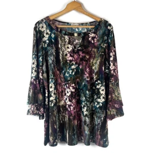 Avenue Damen Tunika Top Größe 2X 18/20 Lila Blumenmuster Schlüsselloch Glockenärmel - Bild 1 von 12