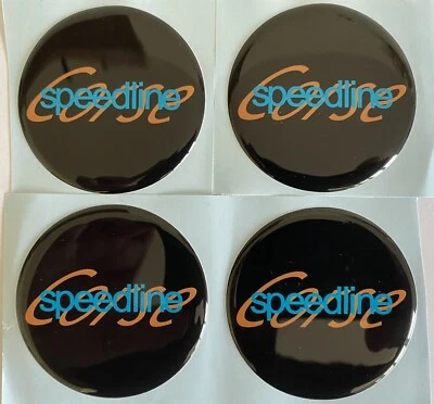 SPEEDLINE CORSE ALLOY WHEEL CENTRE CAPS DOMED STICKERS X4 BLACK BLUE ORANGE 55mm - Image 1 of 4