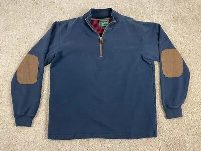 Sudadera de Colección Woolrich Para Hombre Mediana 1/4 Cremallera Pullover Cuello Codo Parche Azul Foto 1 de 4