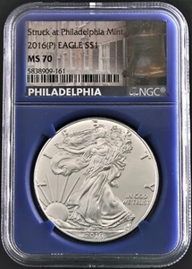 2016 (P) American Silver Eagle NGC MS70 Liberty Bell Label Blue Core - Picture 1 of 2
