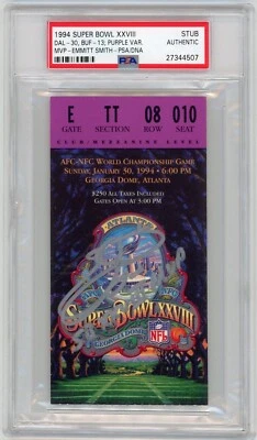 Emmitt Smith Signed Purple Variant Super Bowl 28 Ticket Stub "SB XXVIII MVP" PSA - Image 1 of 2