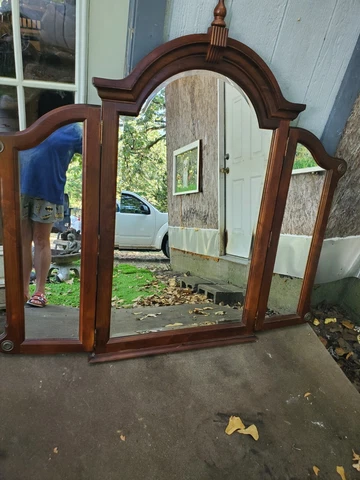 Vintage Solid Wood USA tri-fold Dresser Beveled Glass Mirror ornate Cover
