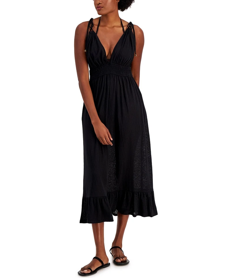 Miken Smocked Midi Dress Cover-Up In Black Size XS