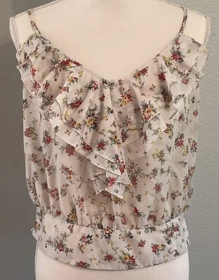 Blusa sin mangas floral Guess Los Angeles volantes campesina transparente para mujer L ajustada Foto 1 de 4